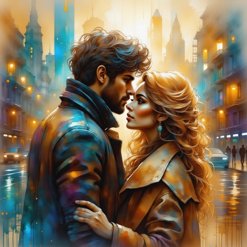 Couple Embrace on Foggy London Bridge in Hyperrealistic Styl...