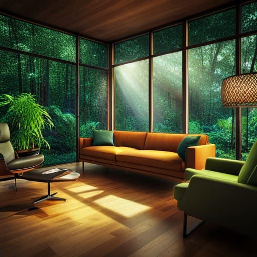 mid-century modern home decor in a house in the forest with large windows and dappled light