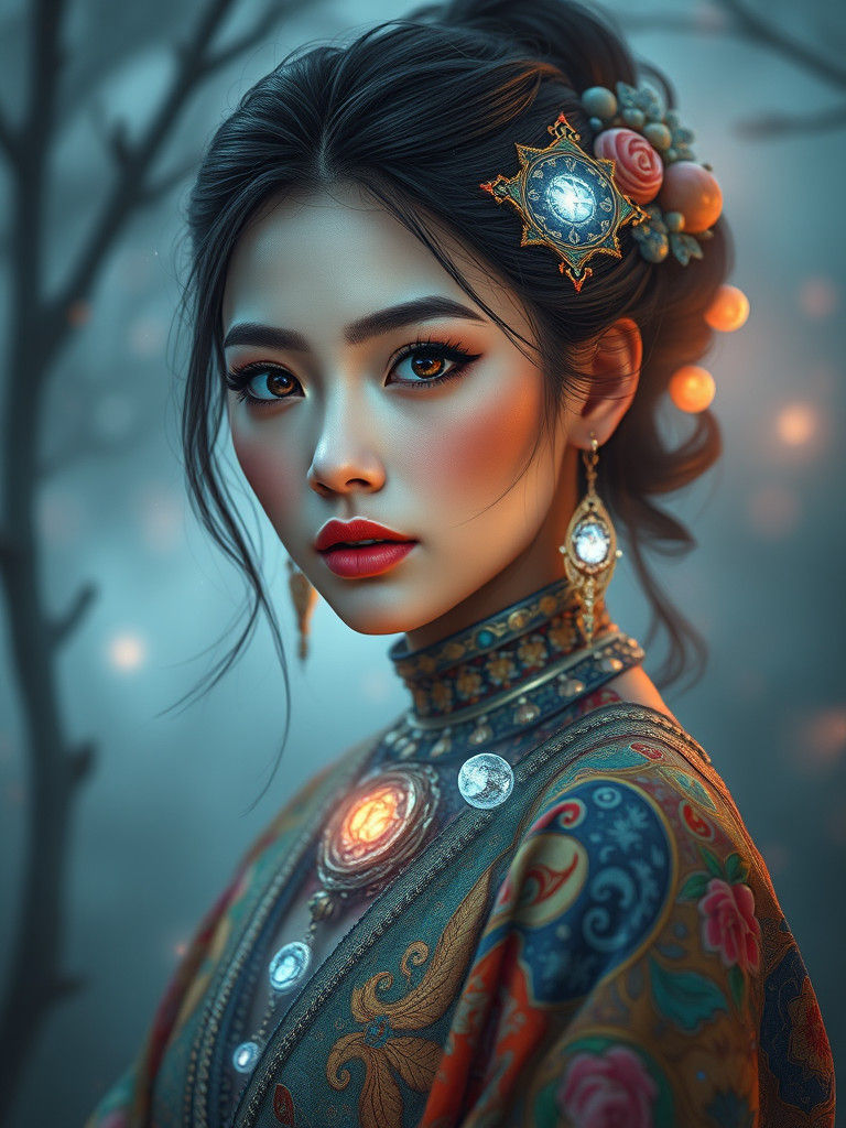 Ethereal Woman in Misty Landscape, Hyperrealistic Concept Ar...