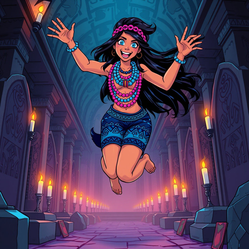 Aztec Woman's Joyful Dance in Gothic Mausoleum
