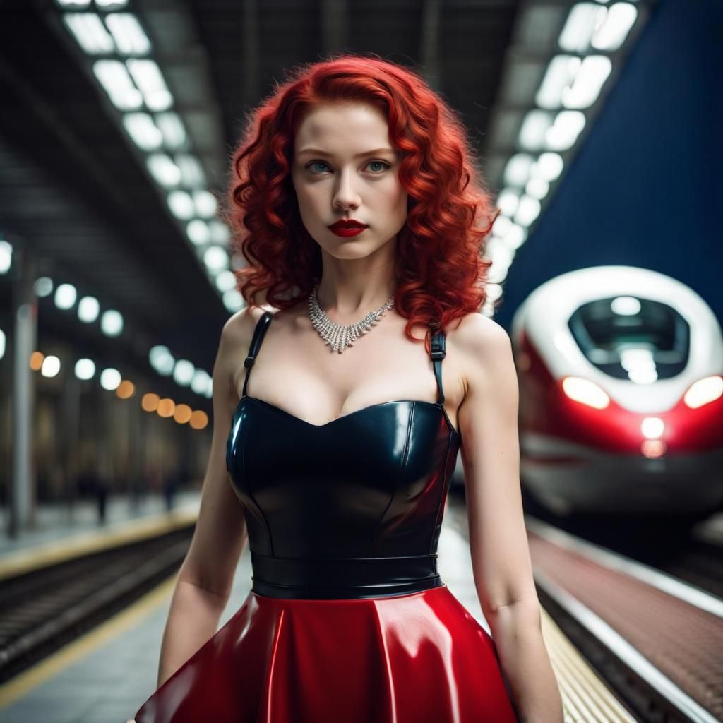 Redhead in Latex Dress Awaits Bullet Train