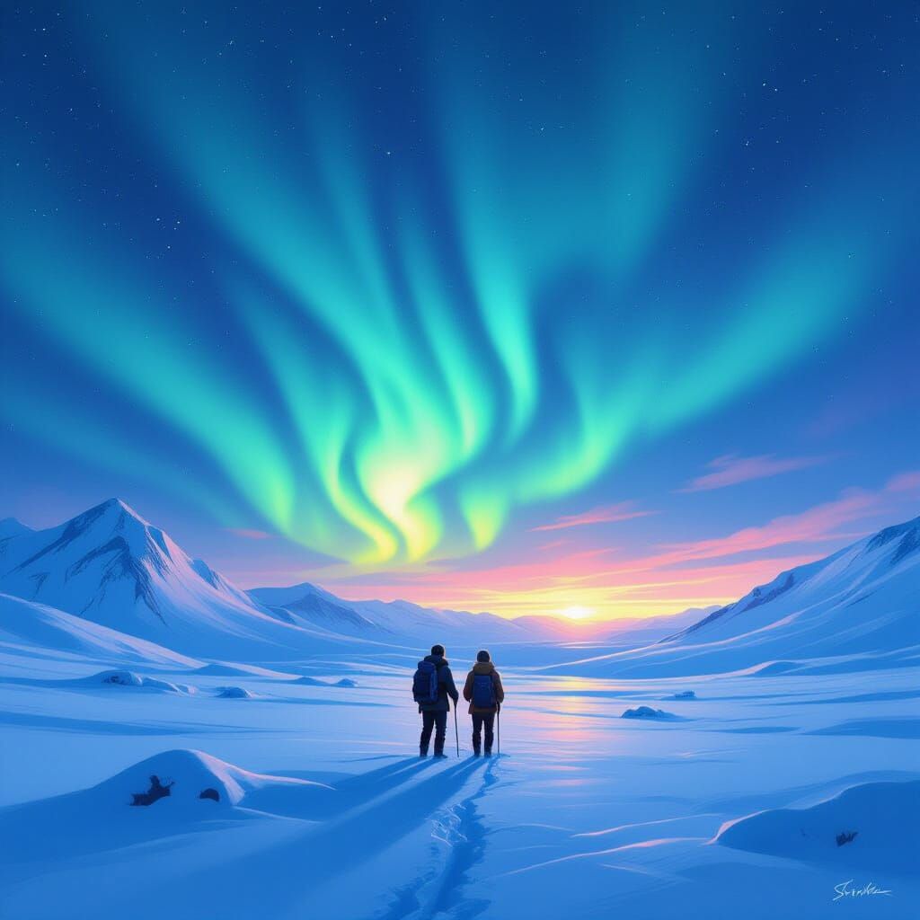Northern Lights Over Snowy Landscape in Realistic Style