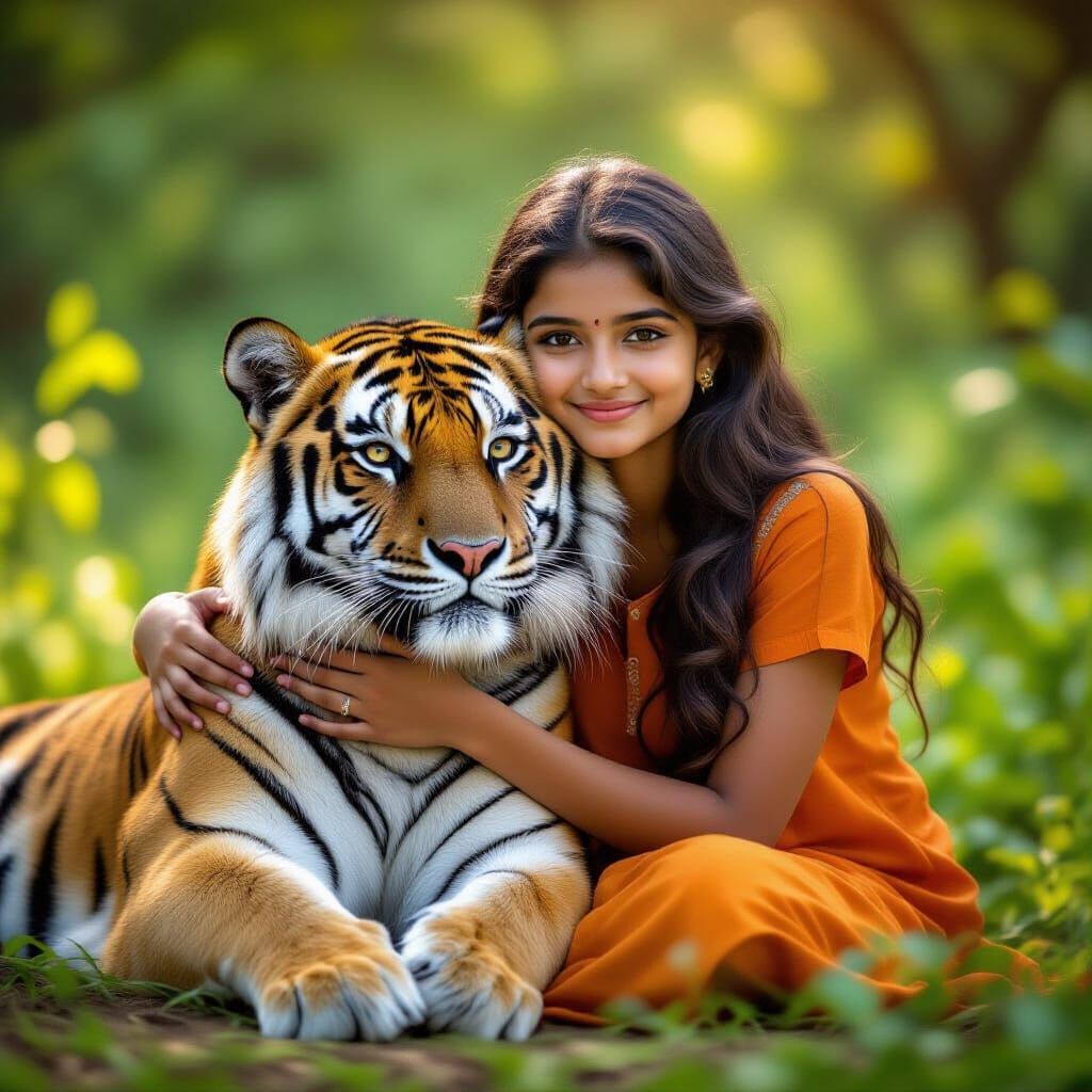 East Indian Girl Hugs Gentle Tiger in Golden Hour Portrait