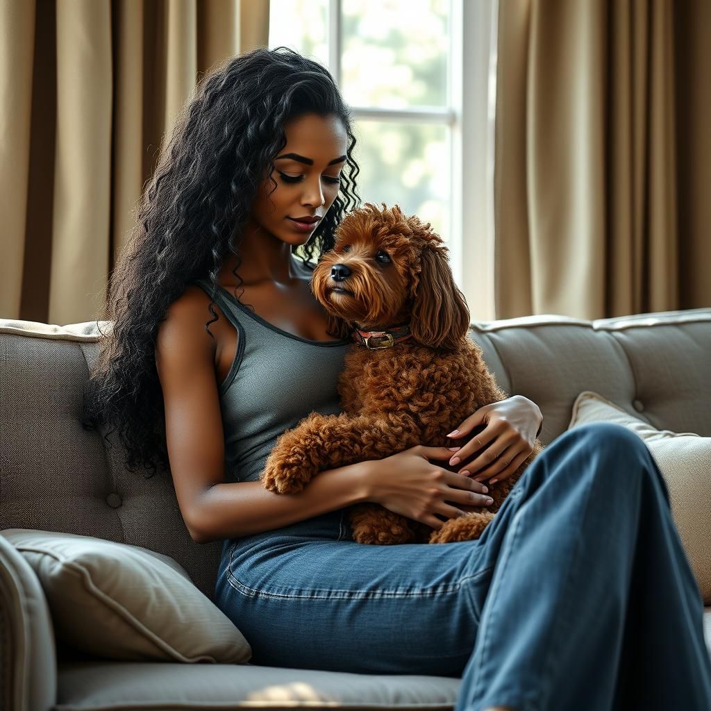 Woman Cuddling Poodle on Couch in Sunlight