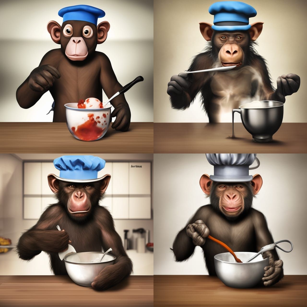Chimpanzee Chef in Kitchen, Hyperrealistic Splash Art