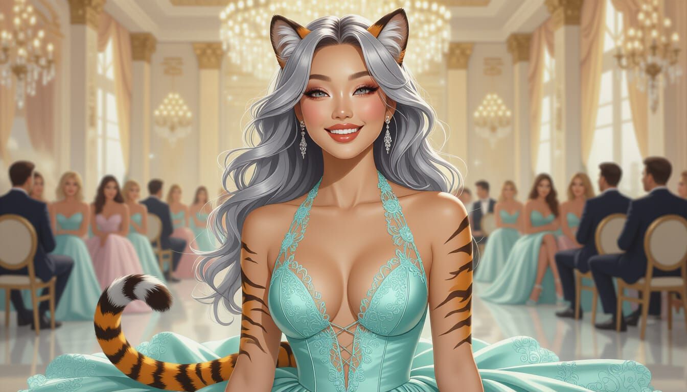 Elegant Hybrid Woman Dances in Lush Ballroom