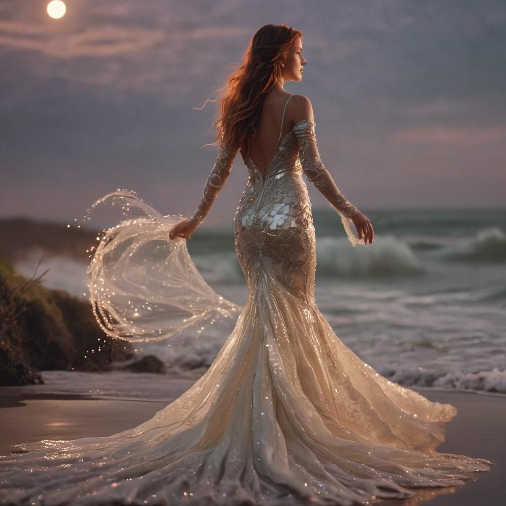 Bioluminescent Mermaid Wedding Dress on Beach, Digital Art