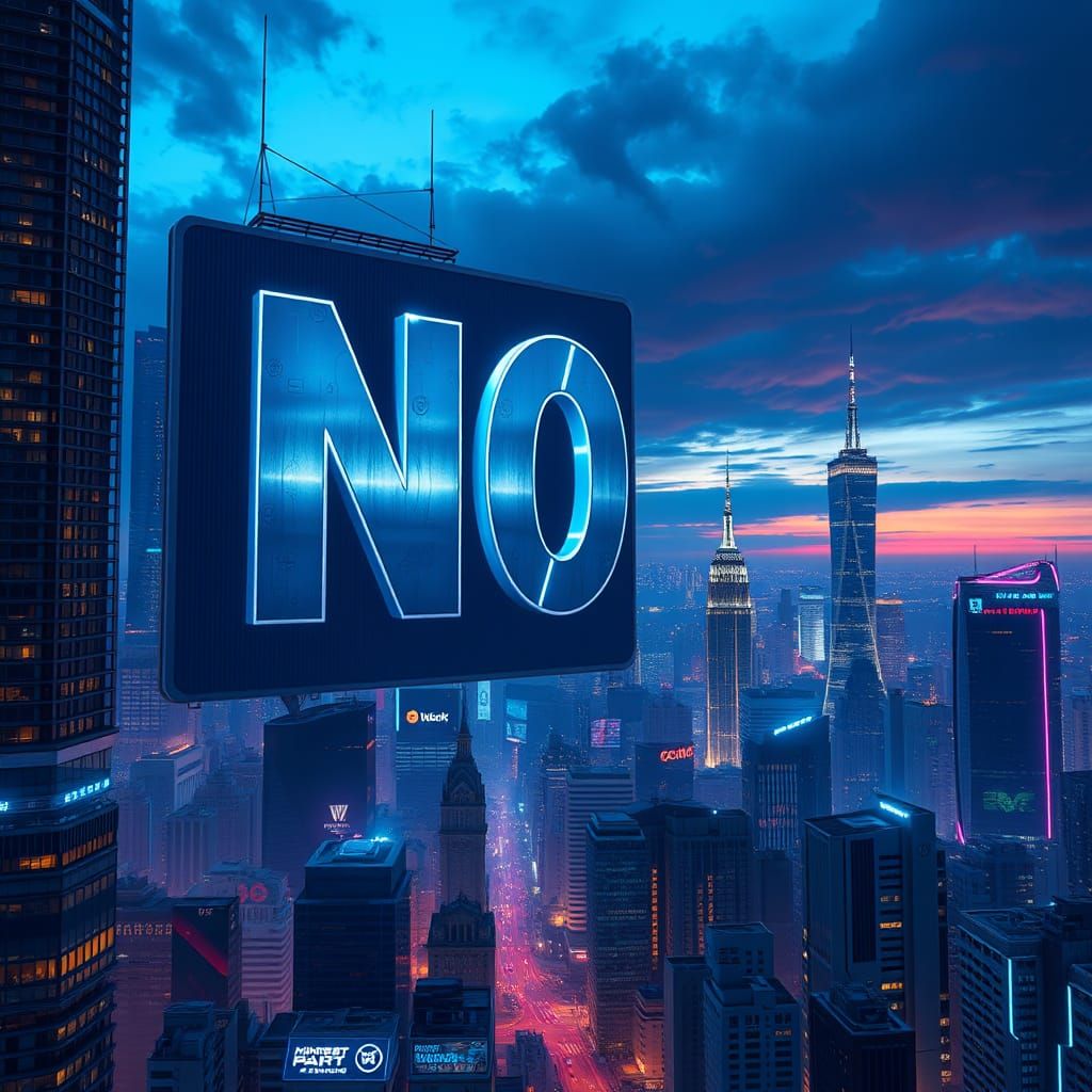 Futuristic NO Billboard in Metallic Silver, Neon-Lit Citysca...