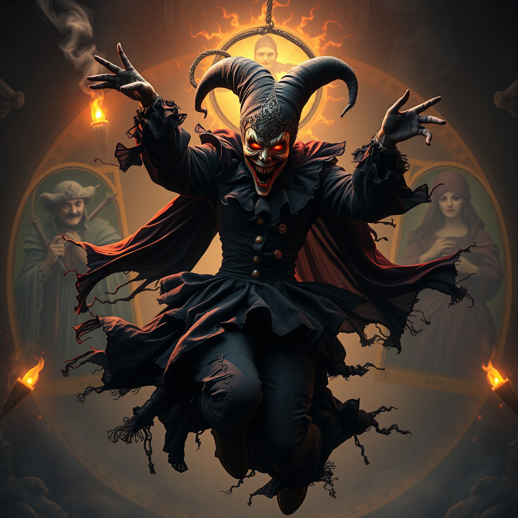 Dark Jester Leaping with Venetian Mask
