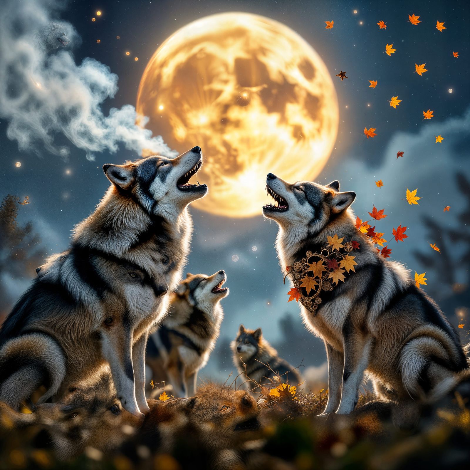 Constellation Wolf Pack Howling at Nebula Moon