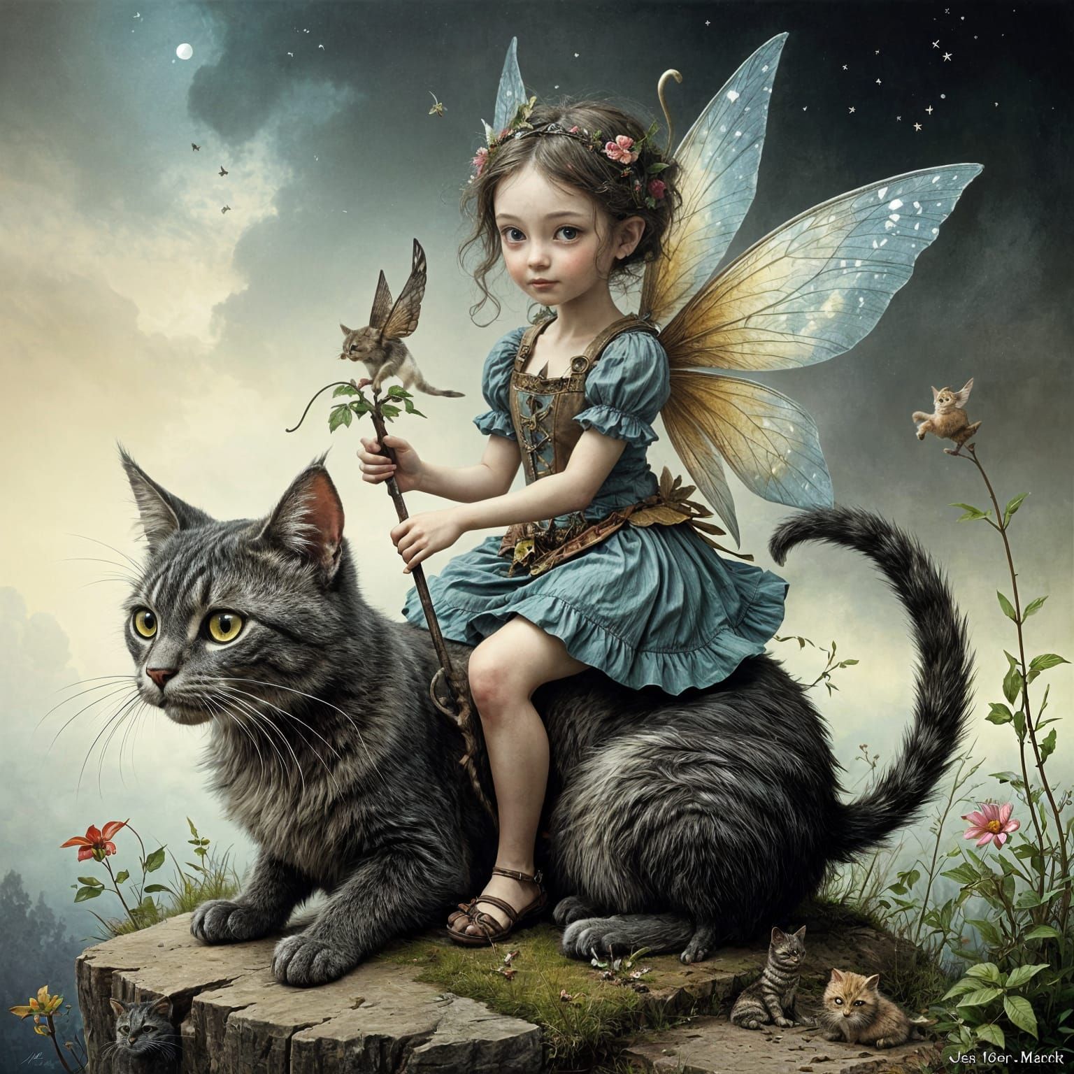 Whimsical Folk Art Fairy Plays with Feline Friend