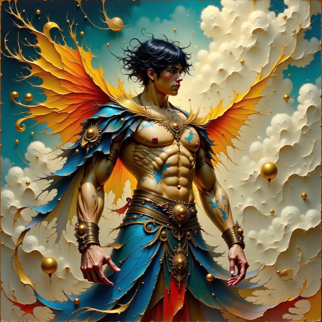 Contemplative Man in Baroque Style with Ethereal Clouds