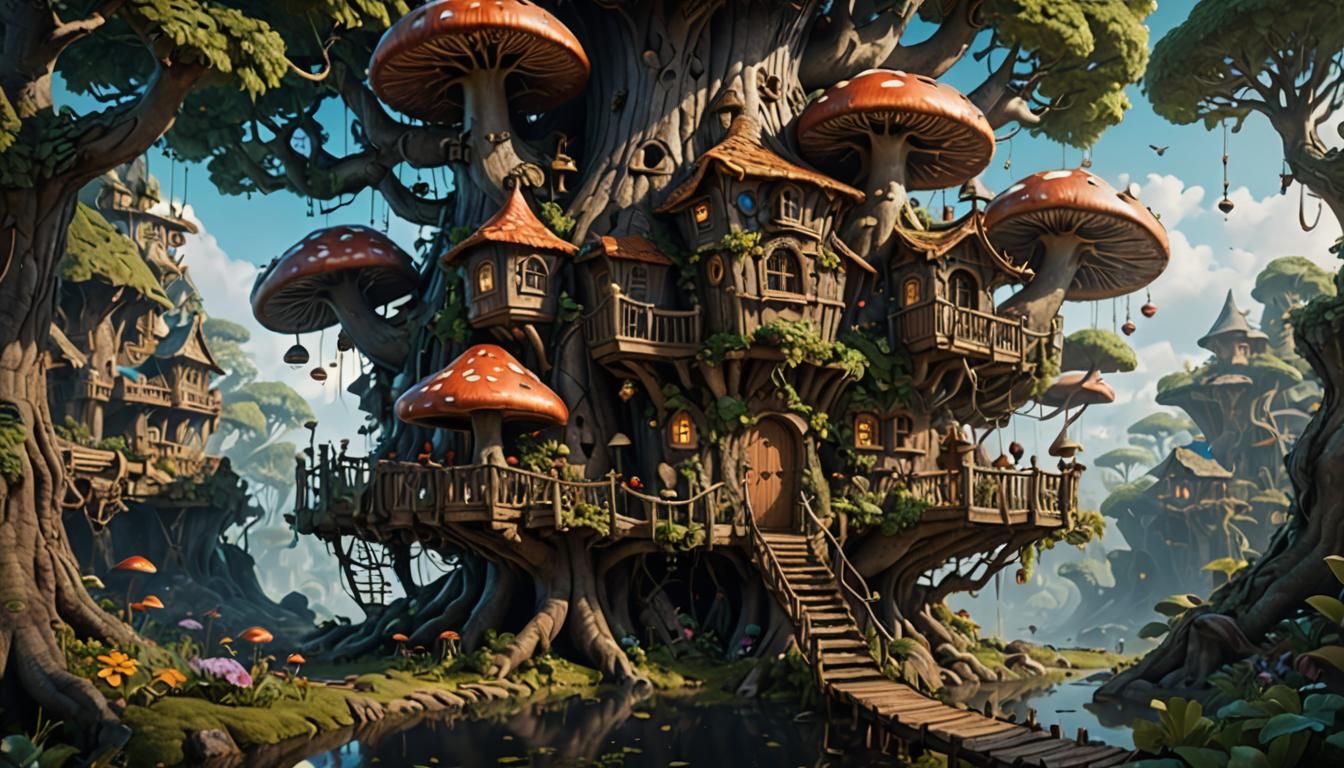 Detailed Mushroom Treehouse in Fantasy Concept Art