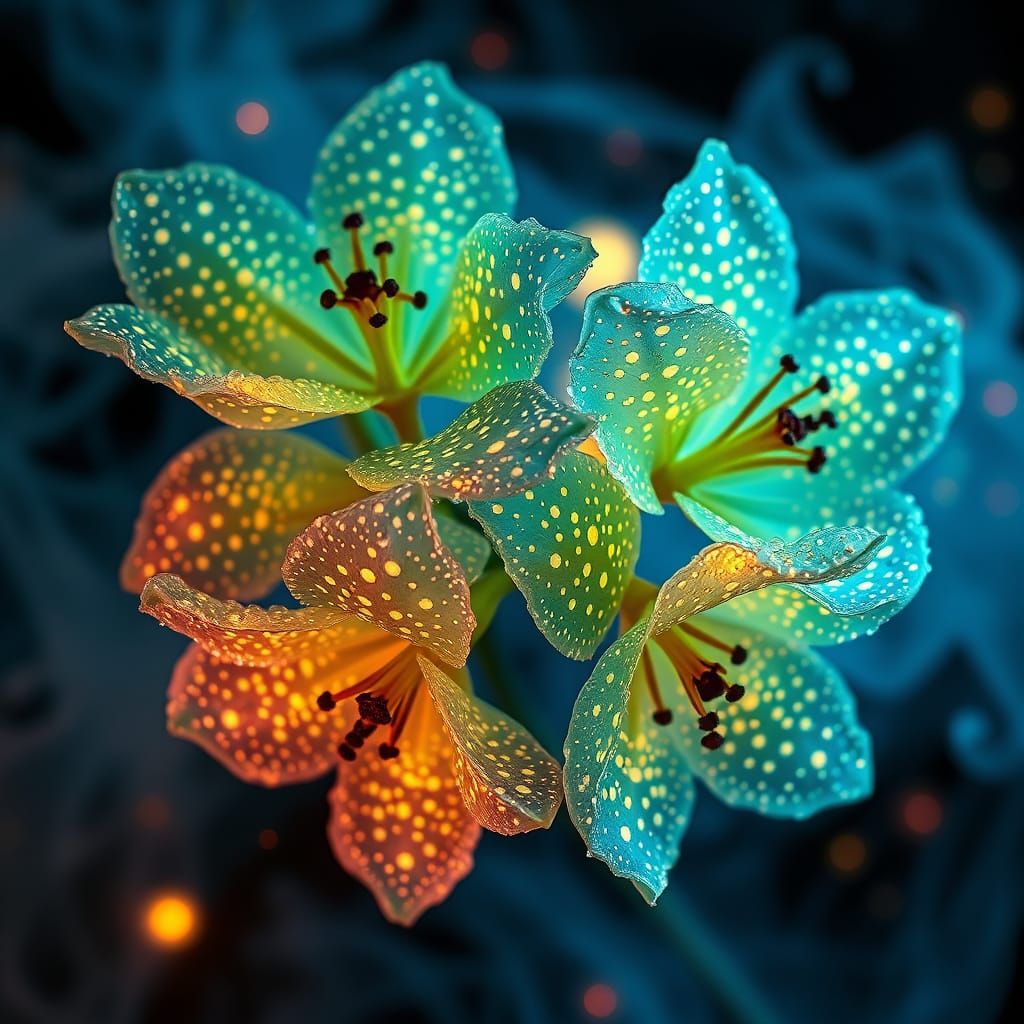 Bioluminescent Flowers with Snowflakes in Surreal Style