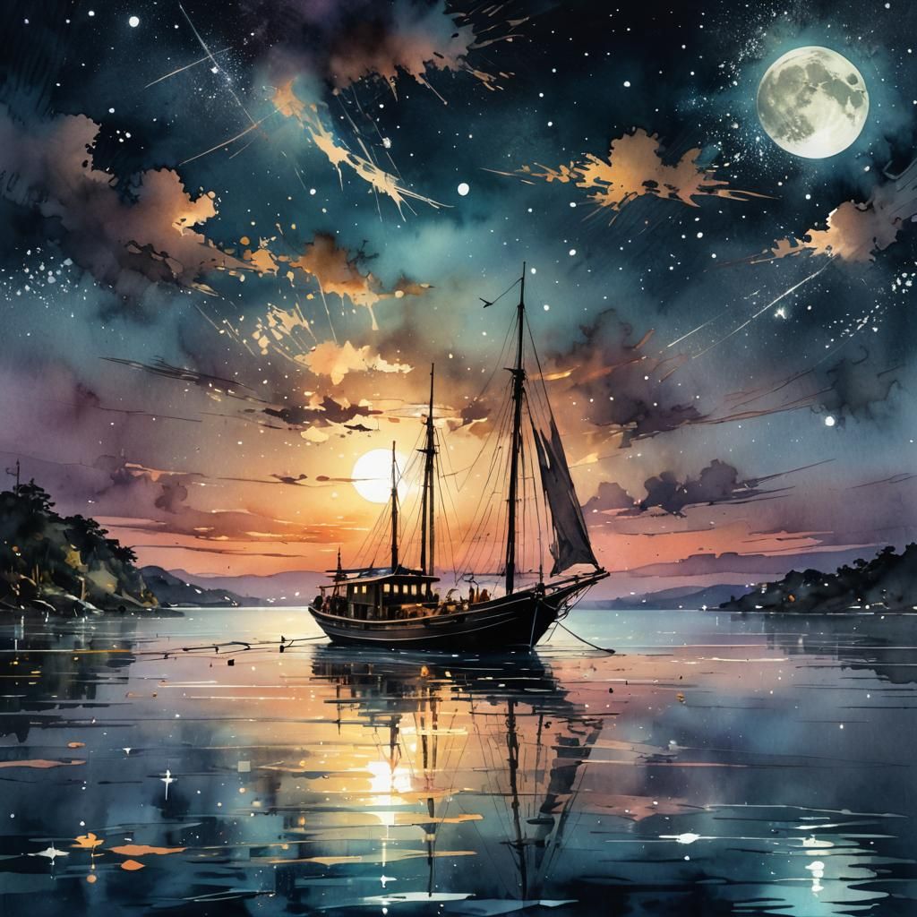 Moonlit Boat: Digital Watercolor Summerscape Sunset