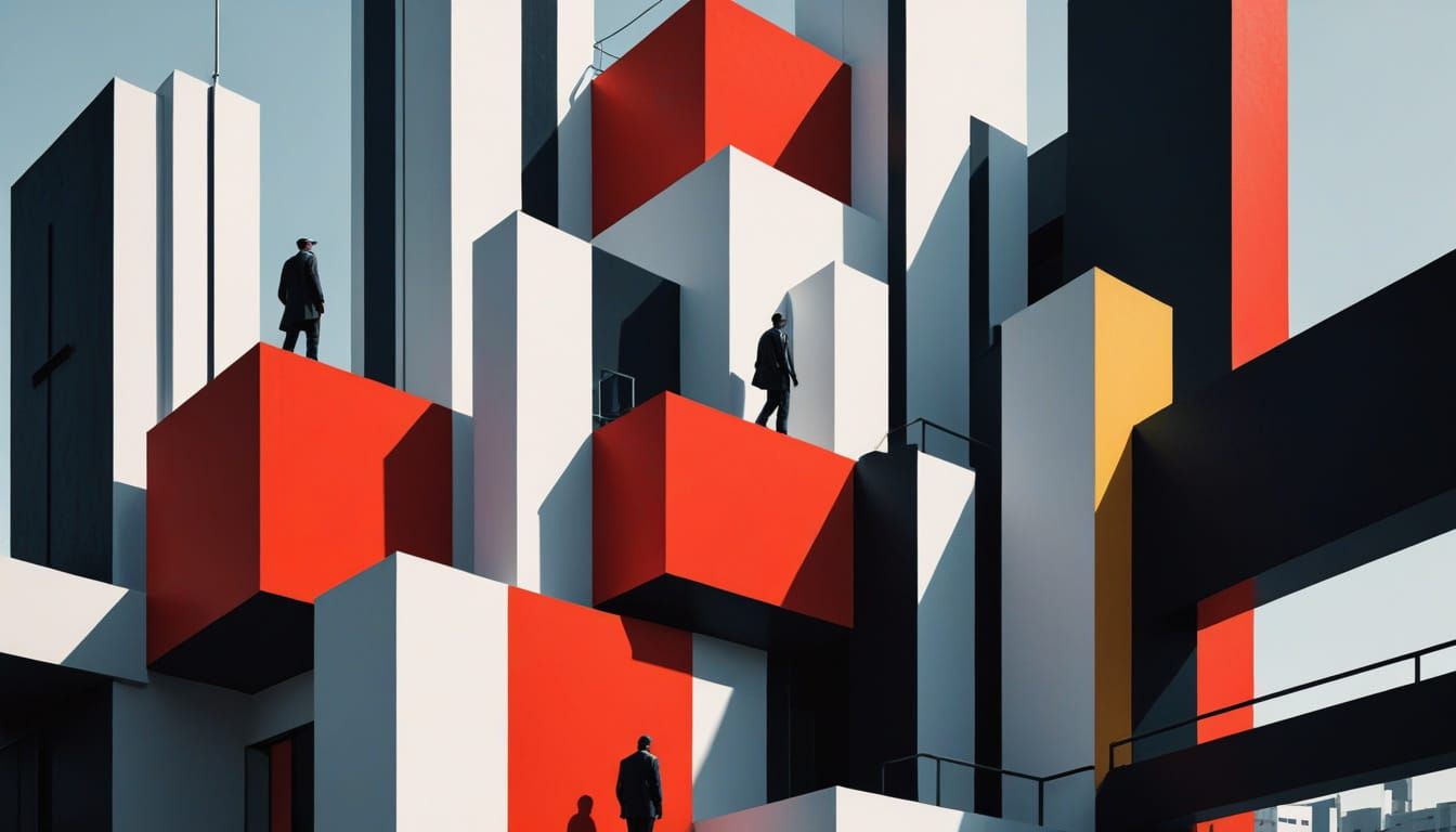 Cubist Bauhaus Cityscape in Bold Primary Colors