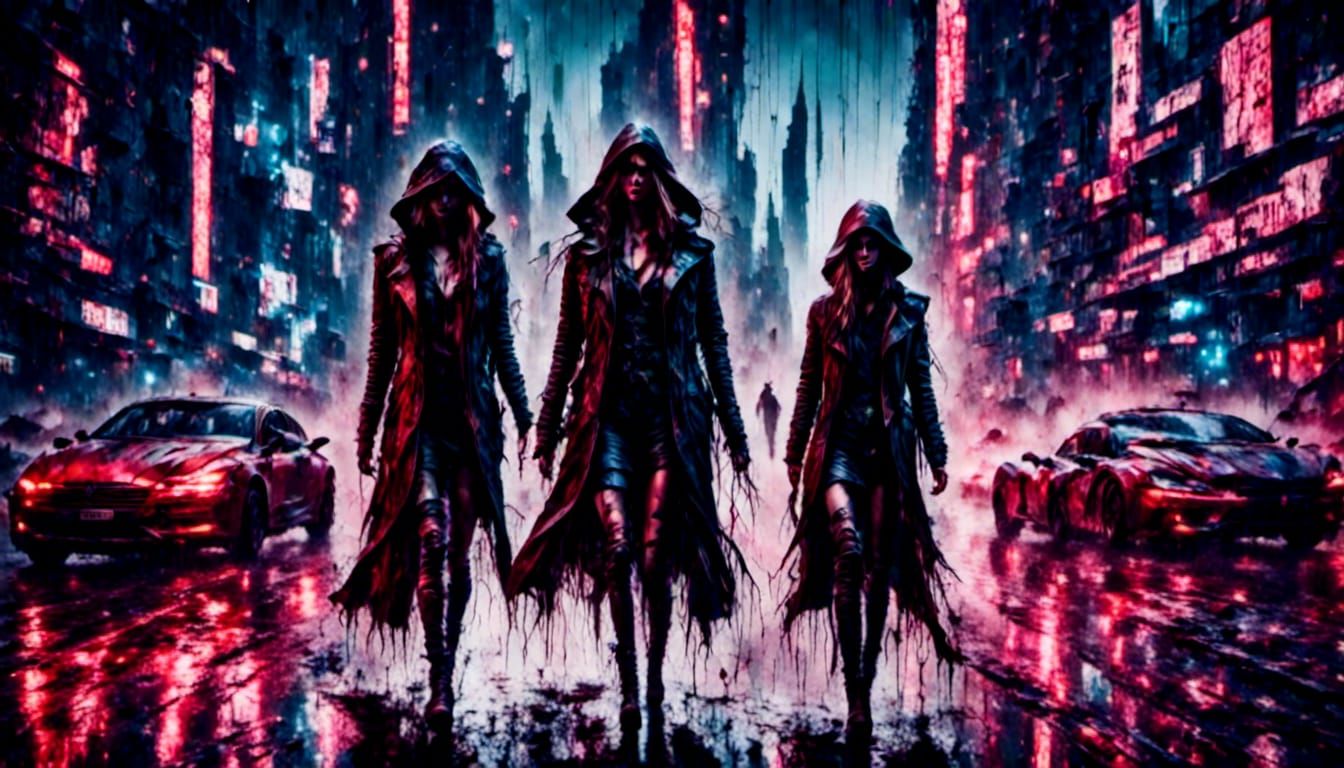 Cyberpunk Cityscape: Woman in Neon Rain