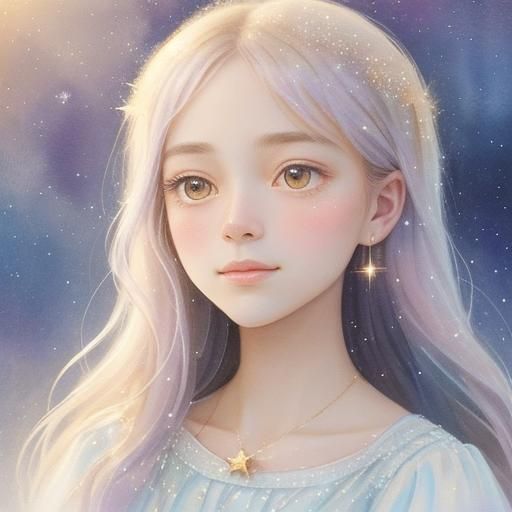 Enchanted Watercolor Portrait of a Young Girl Gazing at a Tw...