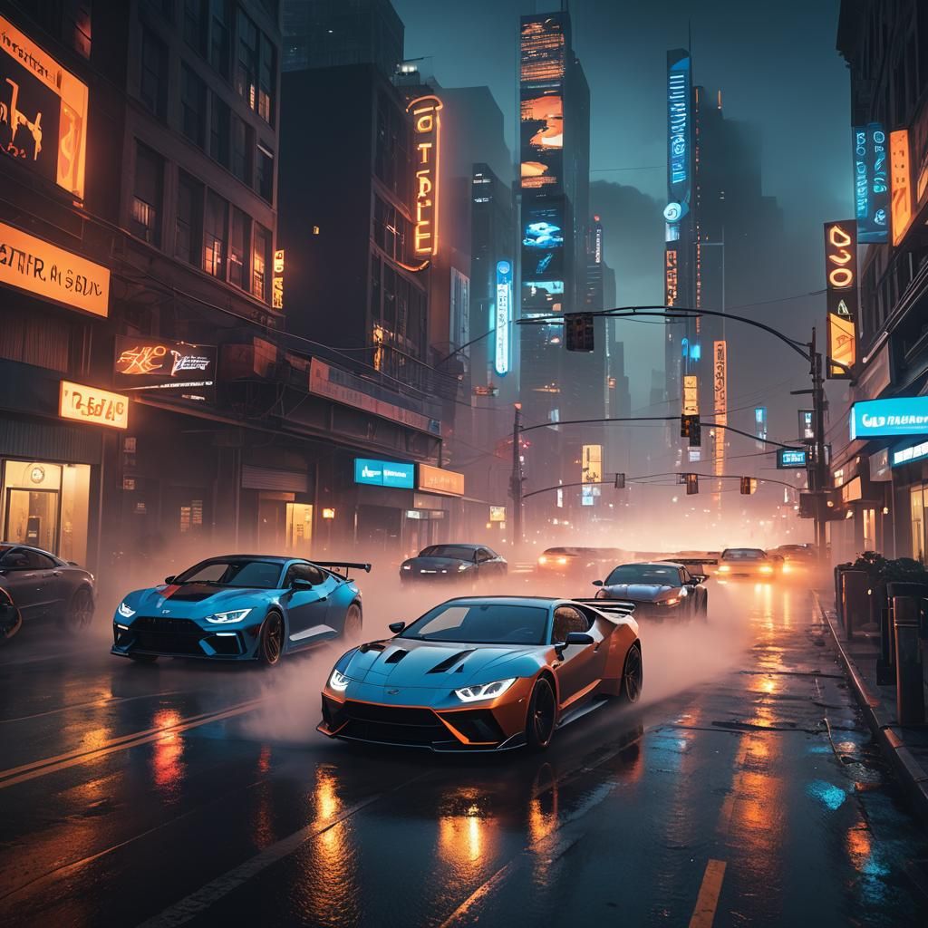 Futuristic Hybrid Car Speeding Through Neon Cityscape