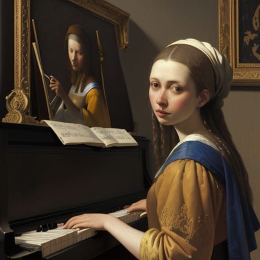 Girl Practicing Piano in Elegant Oil Painting