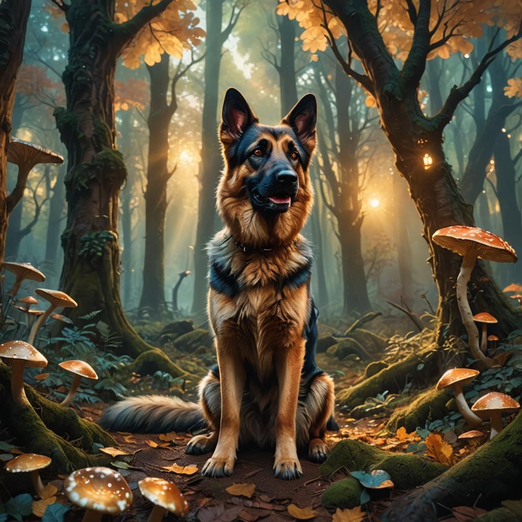 German Shepherd in Mystical Forest Oil Painting