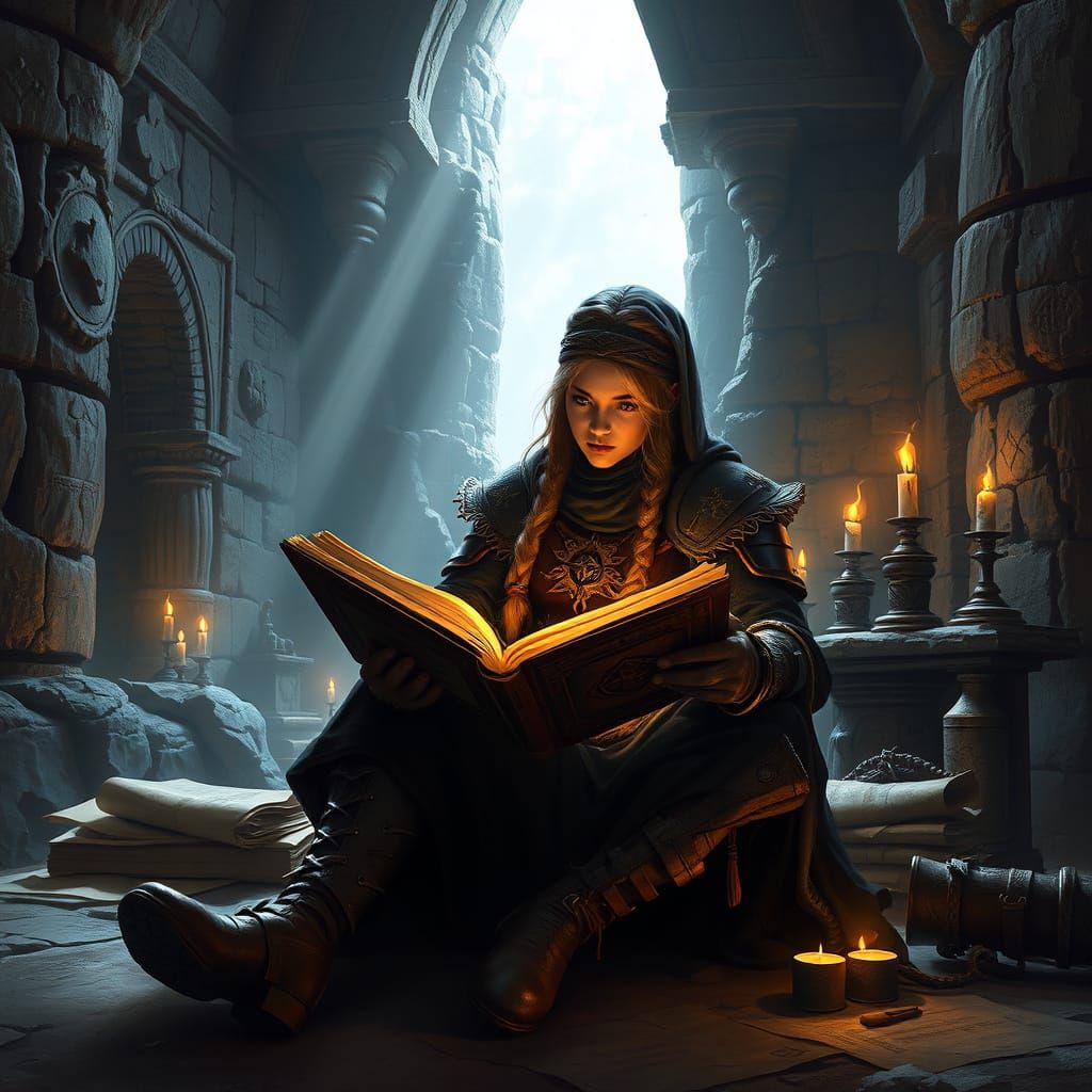 Dwarf Wizard Reading Tome in Ancient Ruins