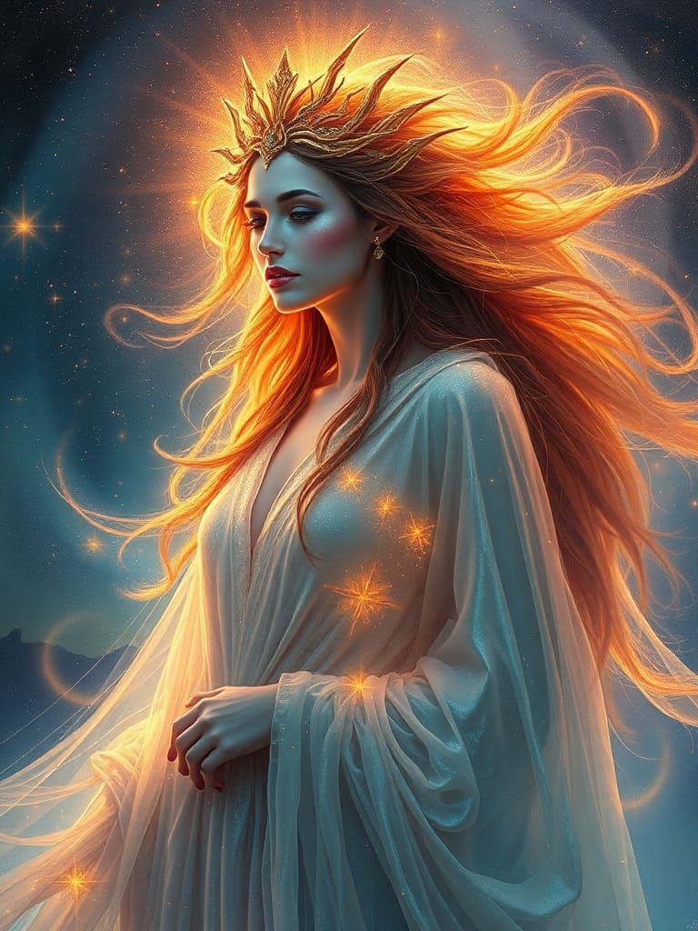 Ethereal Woman with Iridescent Skin in Cosmic Setting