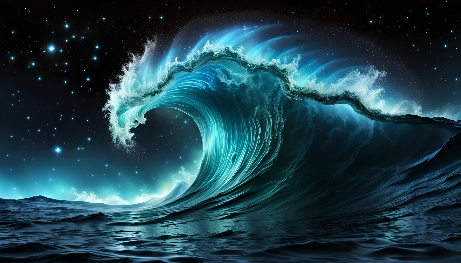 Cosmic Nebula Ocean Wave with Bioluminescent Stars