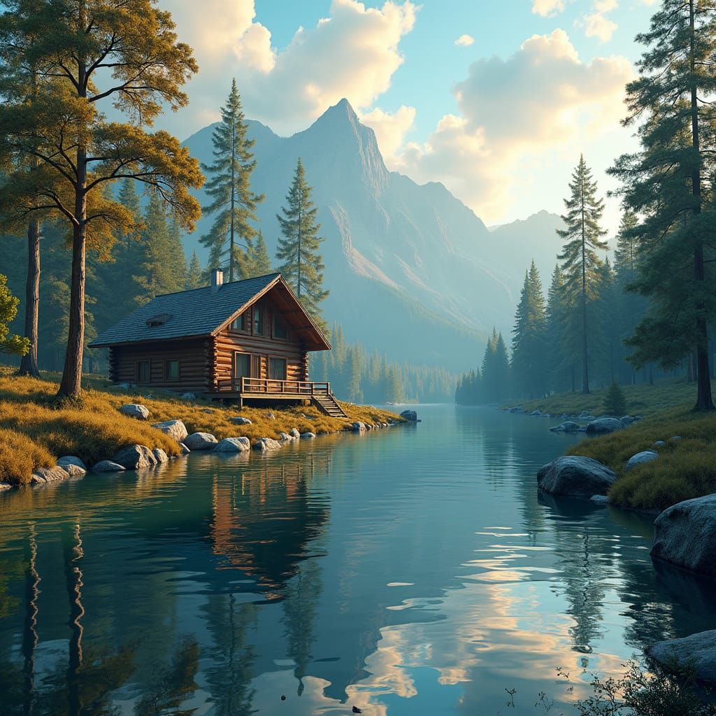 Lakeside Log Cabin in Autumn Sunset