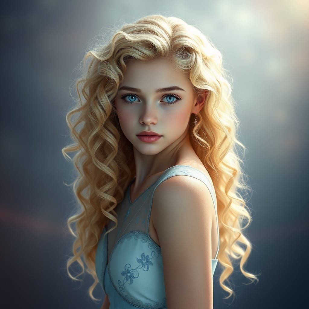 Ethereal Young Woman in Light Blue Gown with Intricate Embro...