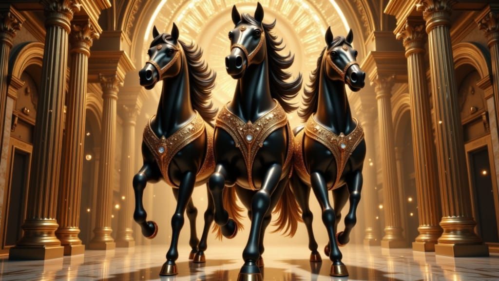 Powerful Black Stallions Gallop in Renaissance Plaza