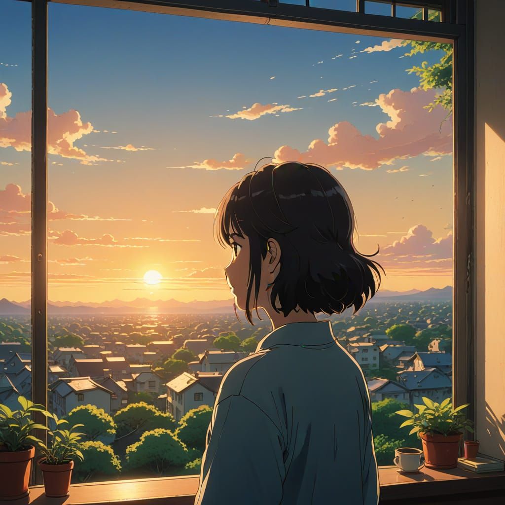 Ghibli-Inspired Sunrise View from Bedroom Window