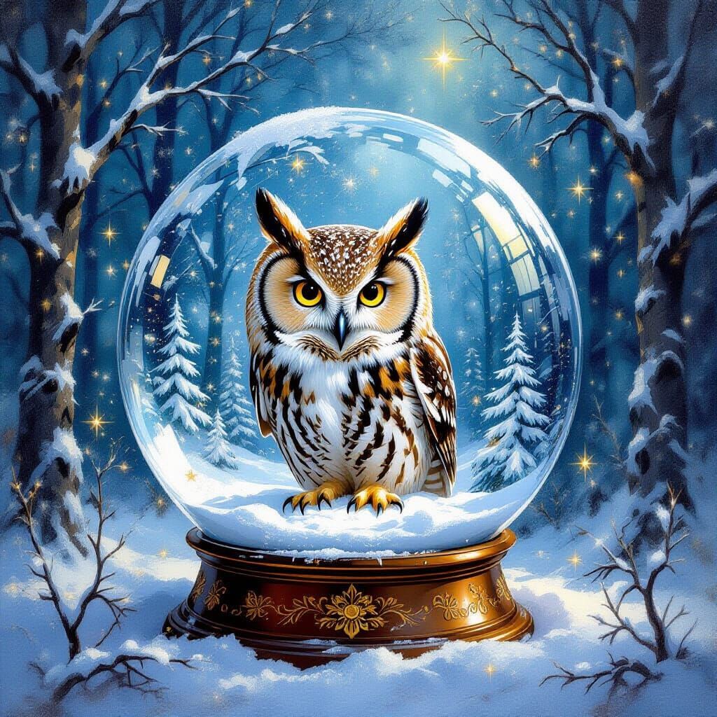 Owl in Gothic Snow Globe, Watercolor and Acrylic Style