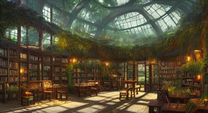 Fantastical Forest Cafe Library Interior: Detailed Matte Pai...