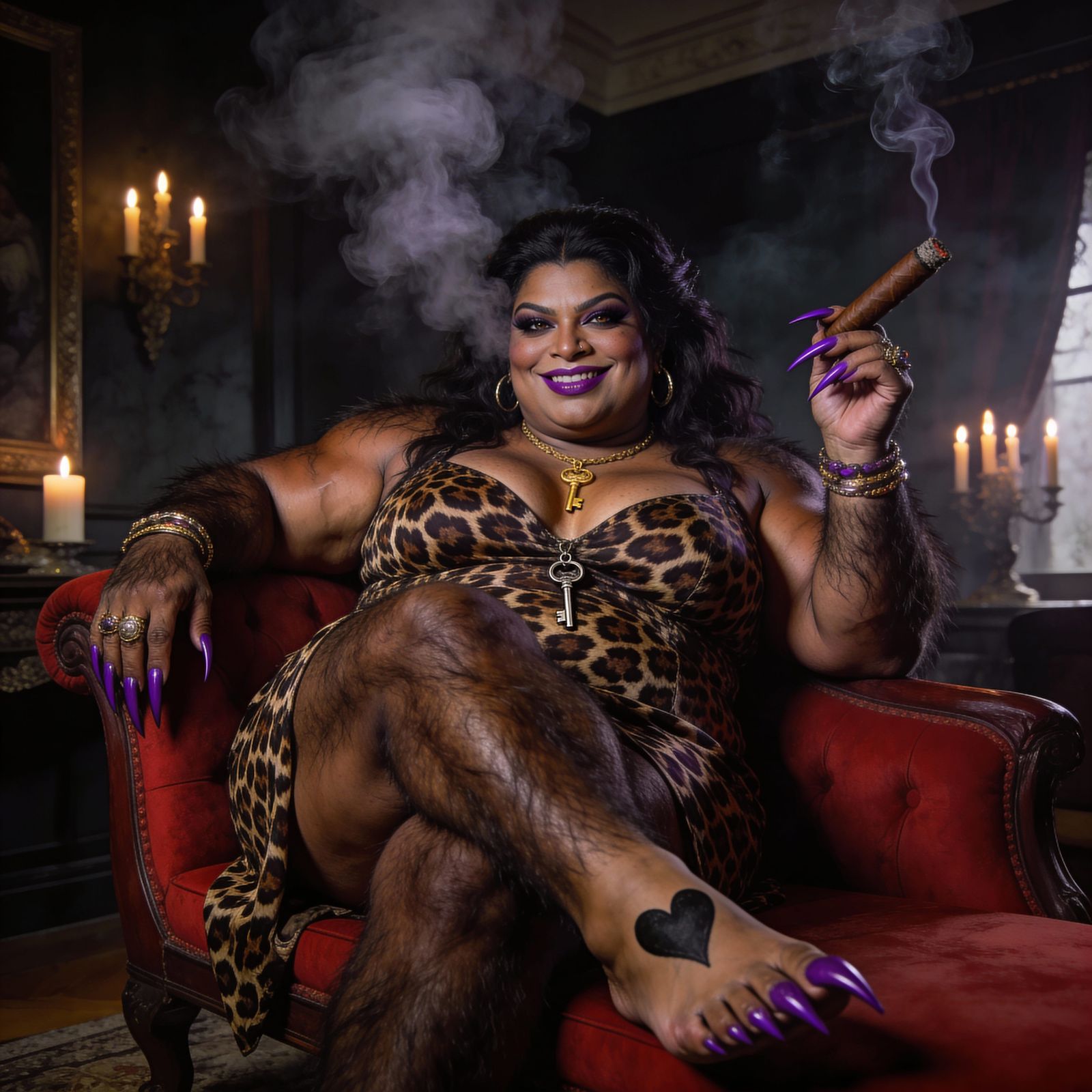 Indian BBW Woman Reclines in Smoky Luxury Living Room
