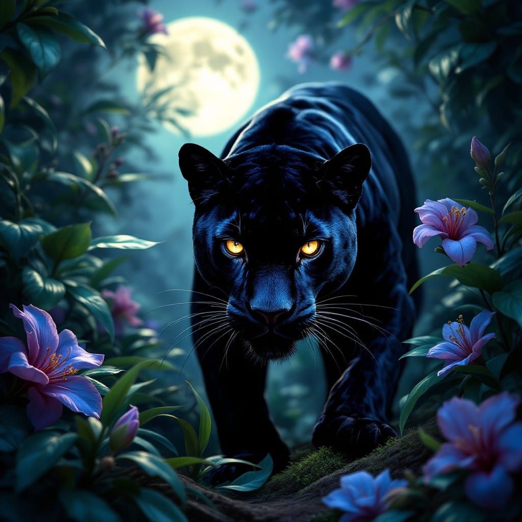 Black Panther Emerges from Jungle Under Moonlight
