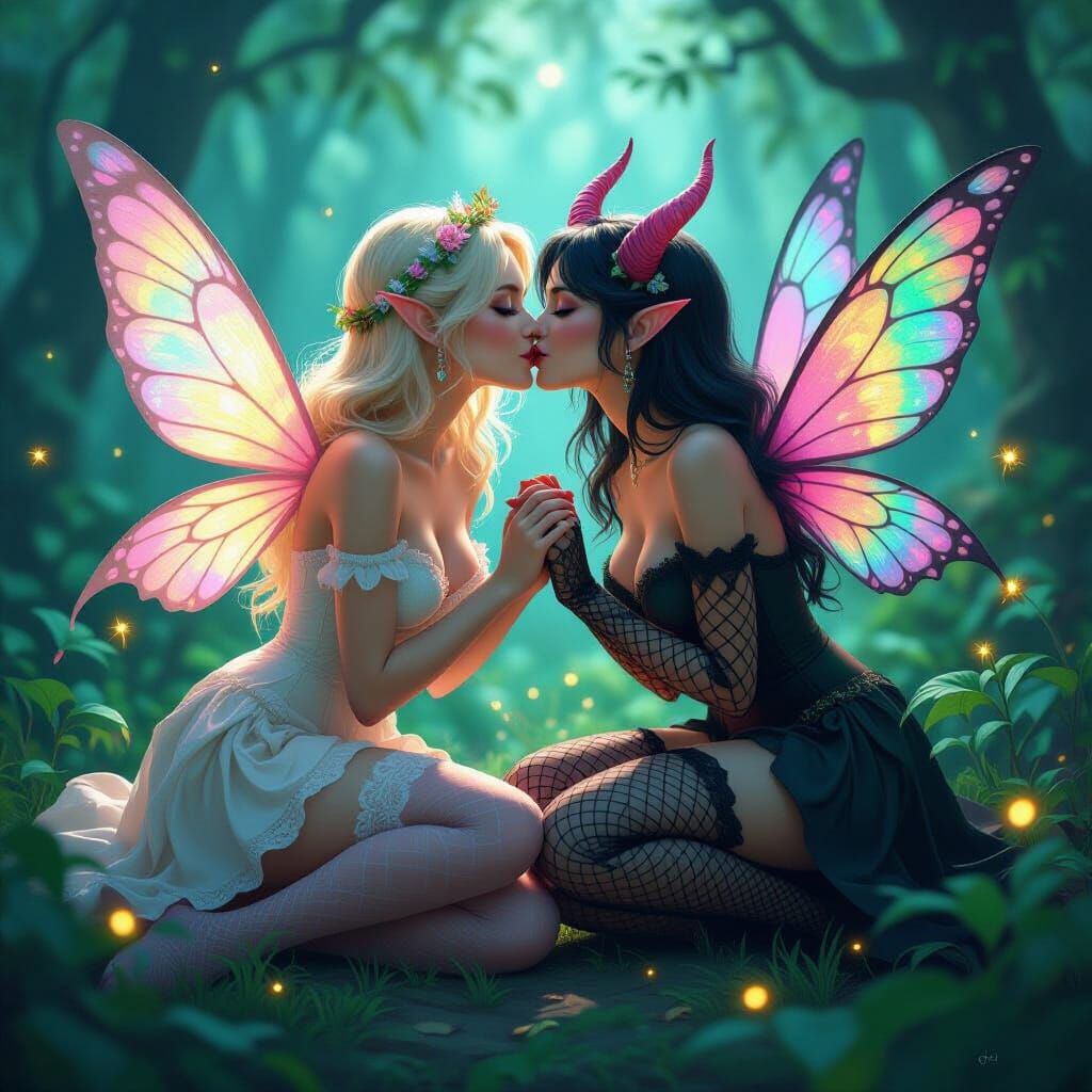 Angelic, Fairy, and Demon Ladies Kissing