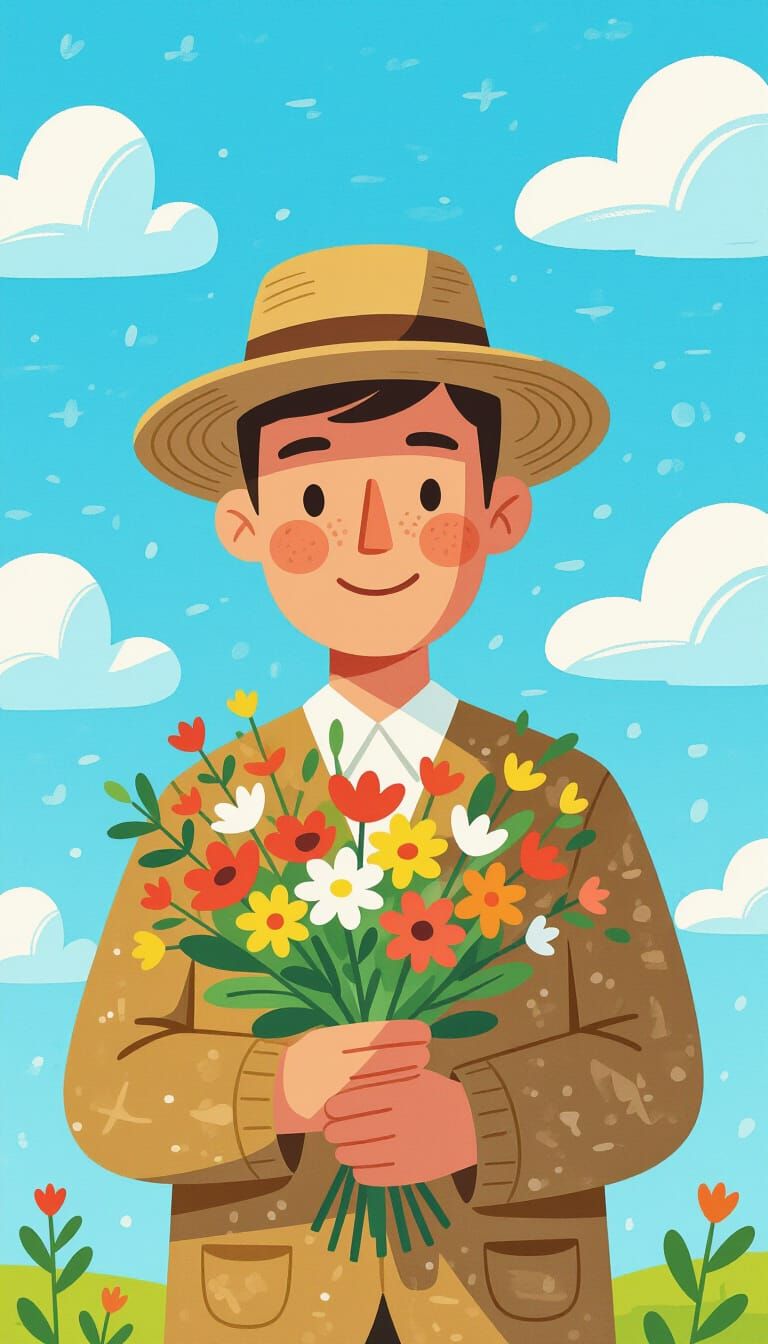 Whimsical Man with Flowers Under Blue Sky