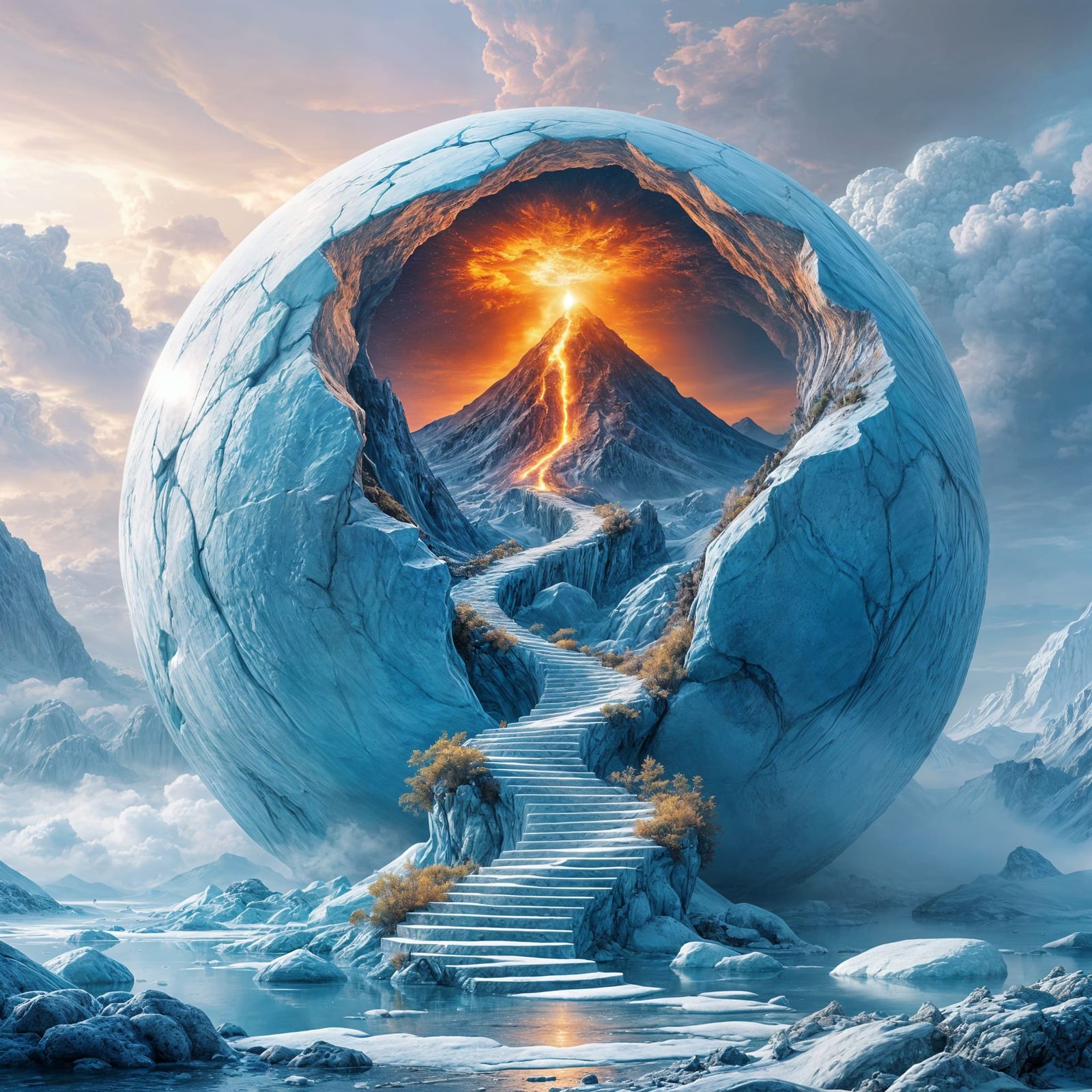 Surreal Ice Sphere Reveals Erupting Volcano World