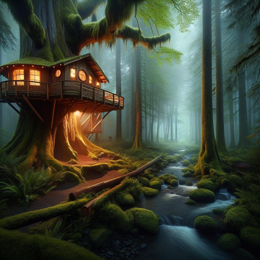 Rustic Treehouse in Ancient Forest at Night