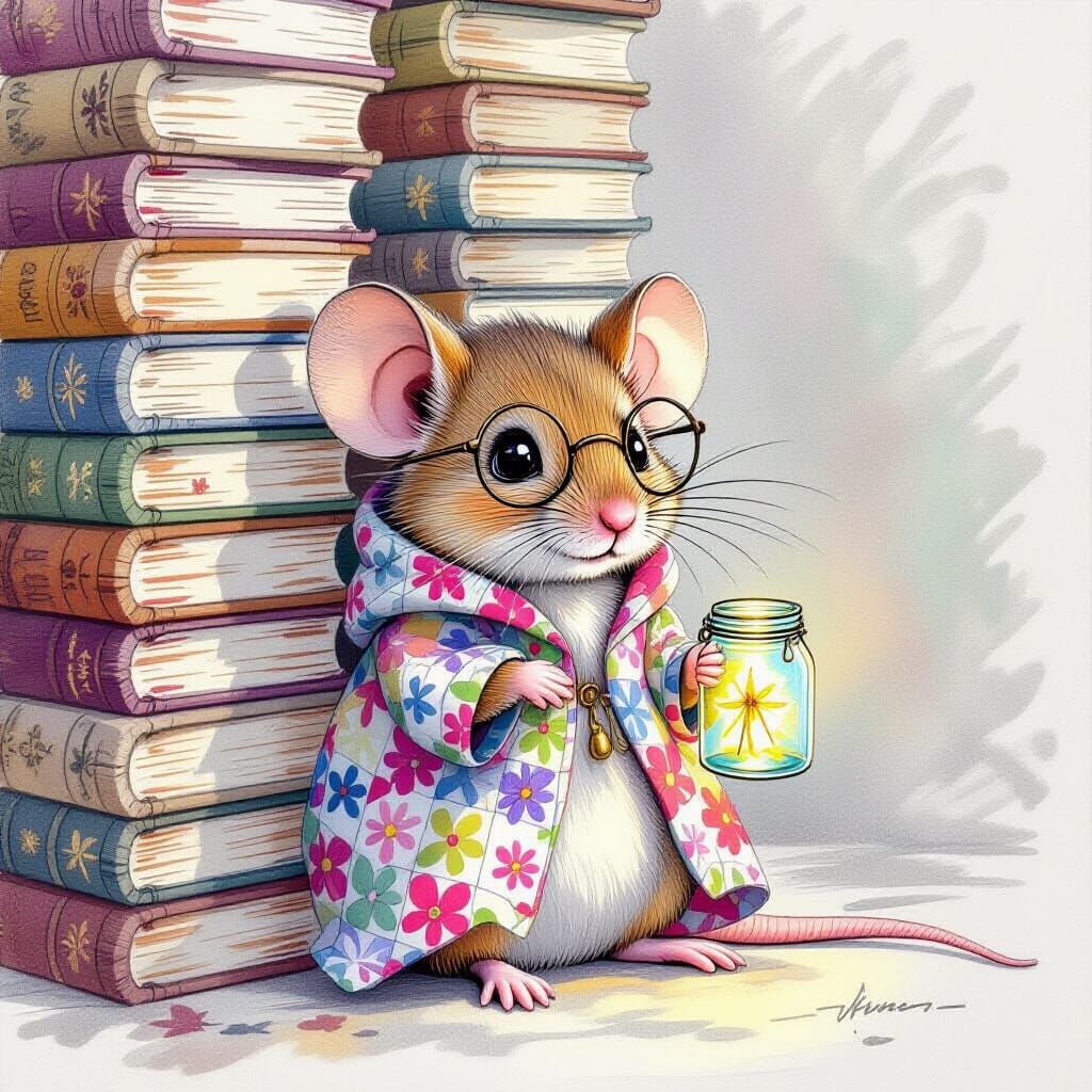 Shy Mouse Reads by Firefly Light, Hand-Drawn Sketch