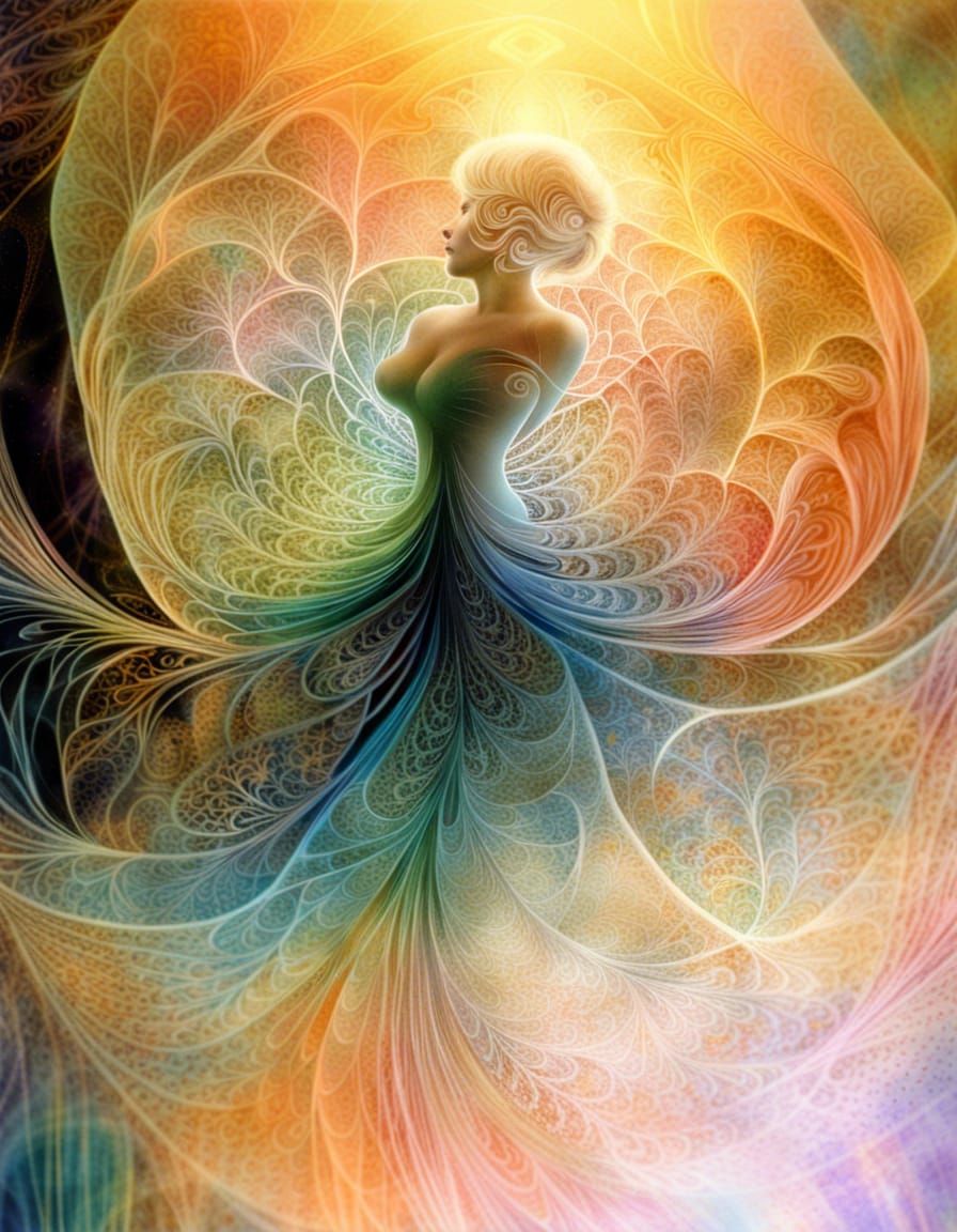 Crystal Fractal Forest with Light Strands in Suminagashi Sty...