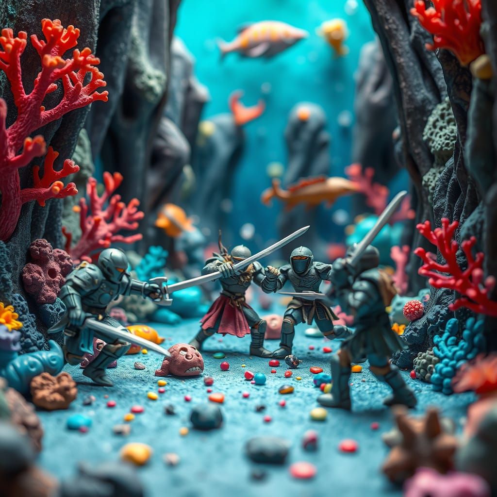 Underwater Claymation Battle in Whimsical Style