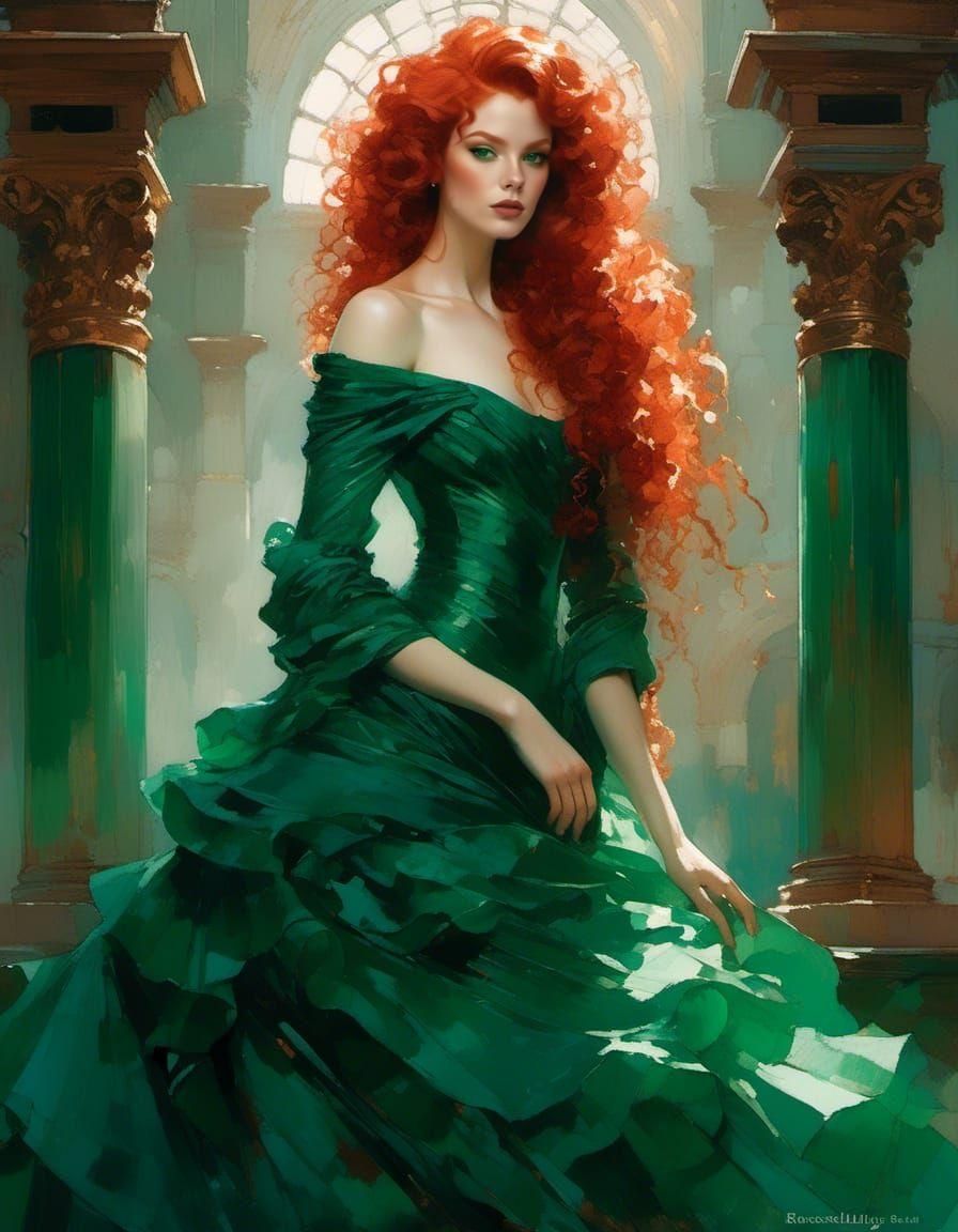 Elegant Woman with Red Hair in Flowing Gown