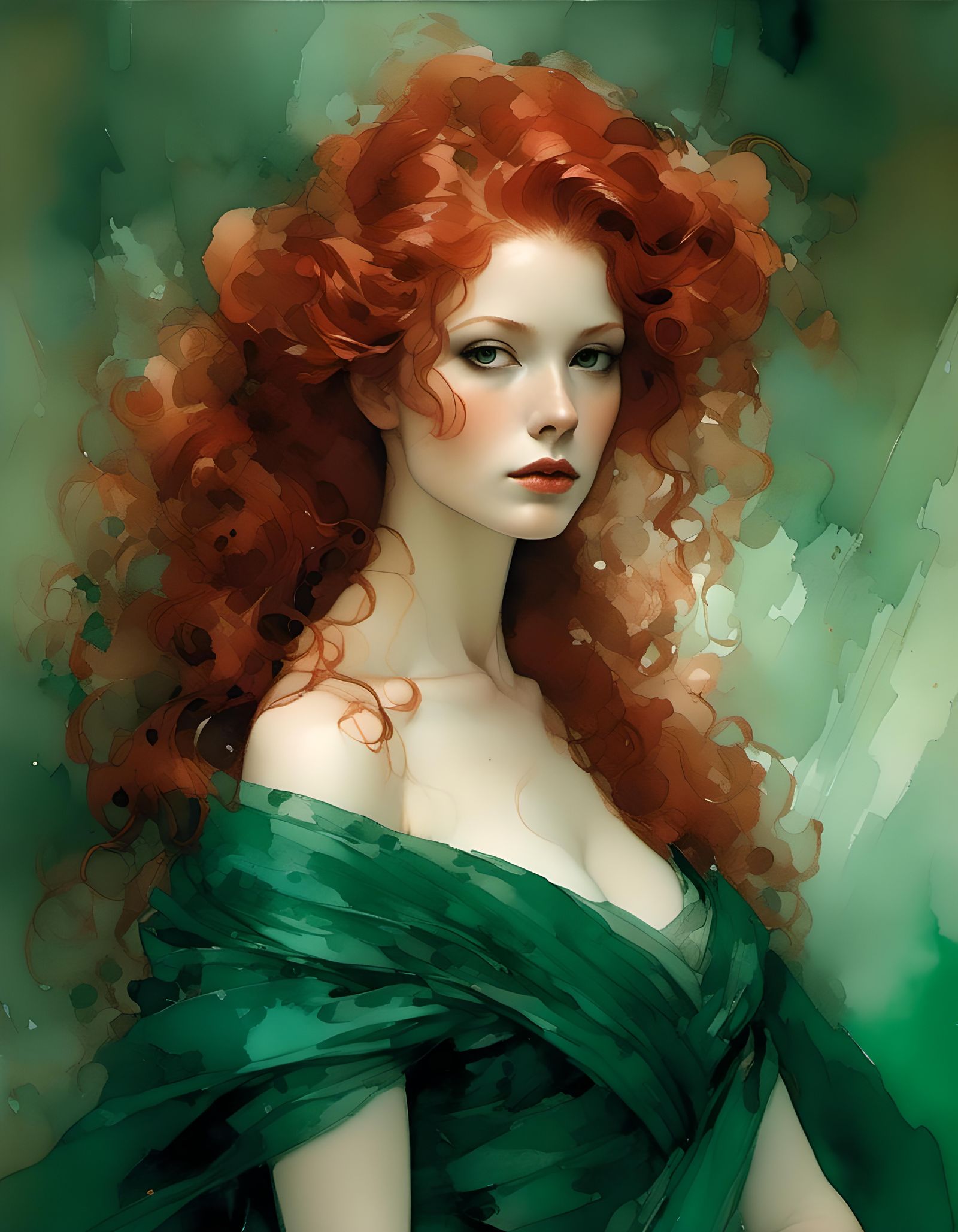 Elegant Woman with Fiery Red Hair and Emerald Eyes