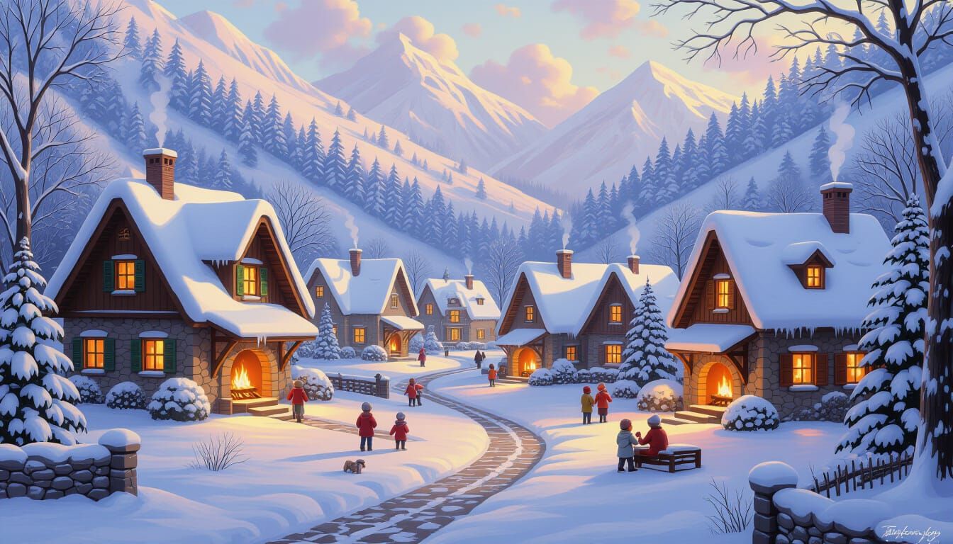 Snowy Village Scene in Hyperrealistic Style