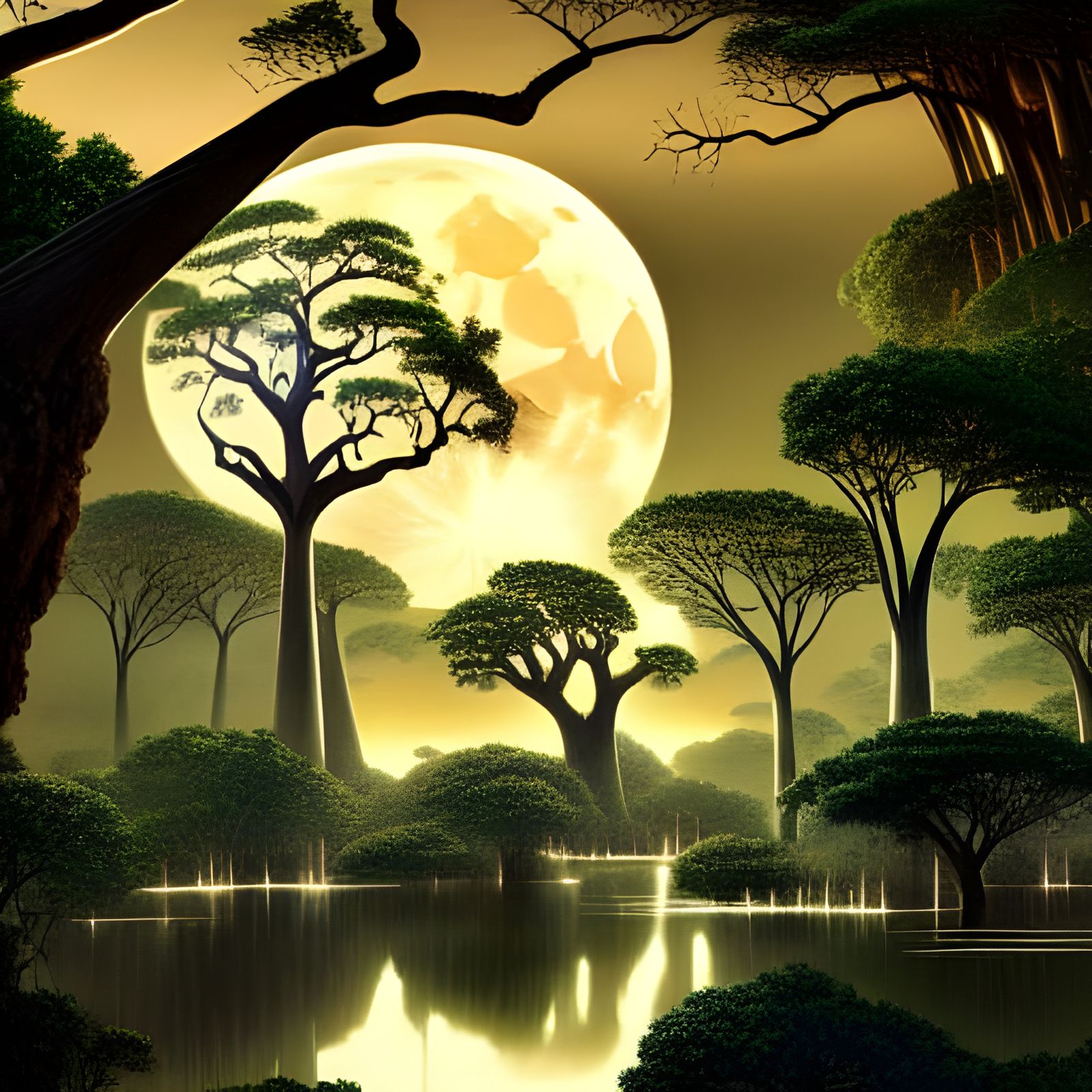 Golden Baobabs in Overgrown Mangroves at Dawn