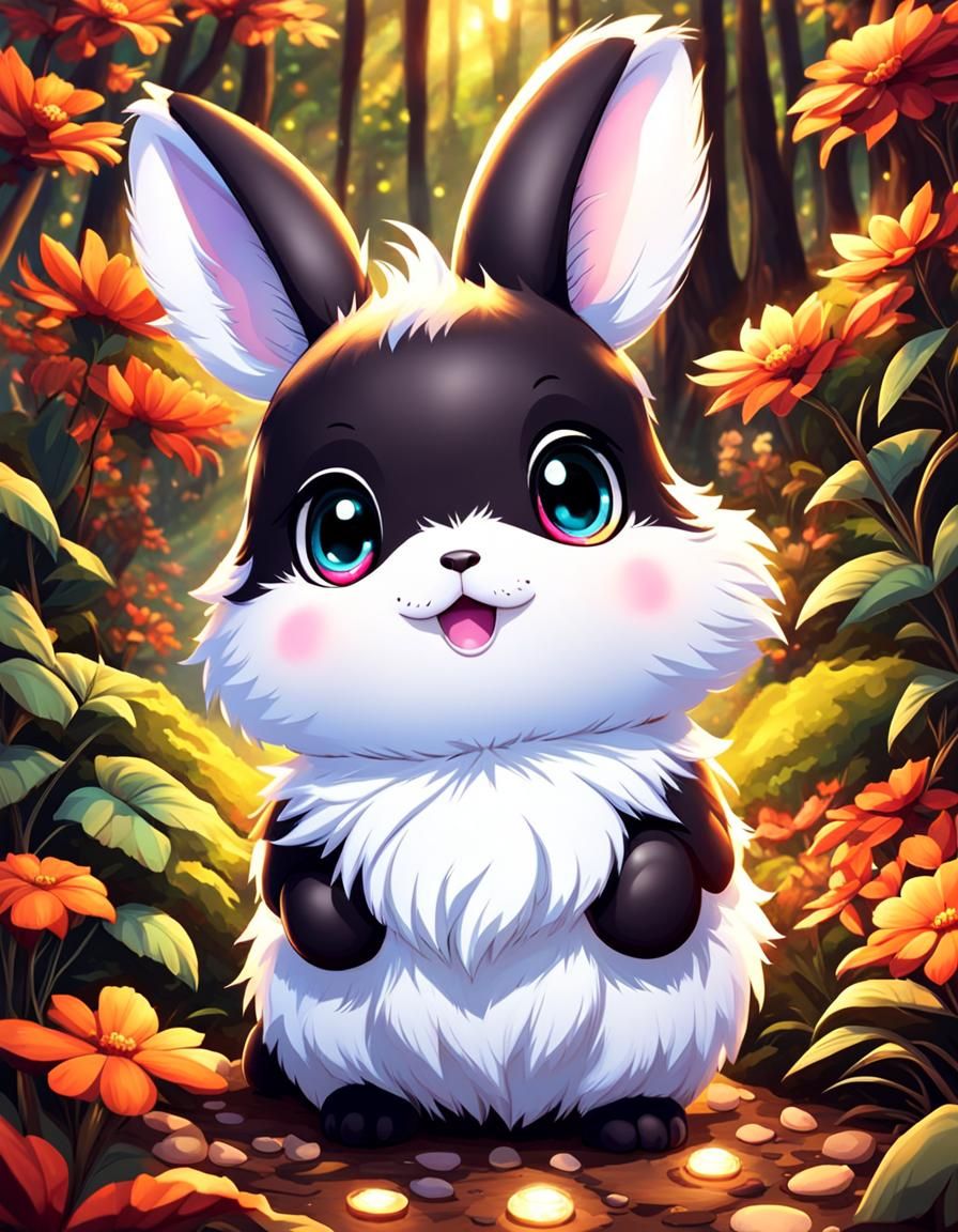 A chibi bunny that is like a very nice and cute bunny all fury and fluffy and has a big hapy face, and in a magic forest...