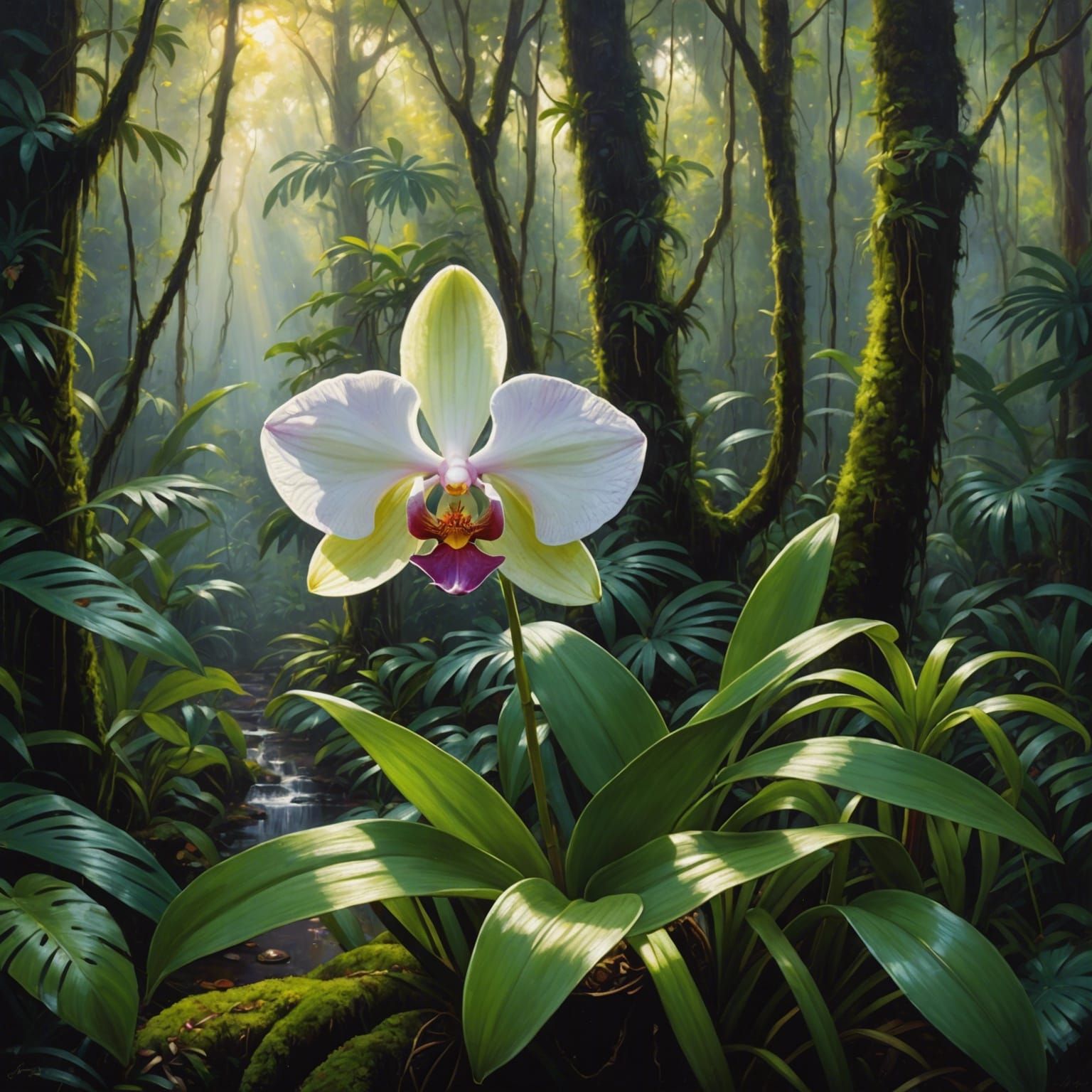 Orchid in Rainforest: Oil Painting
