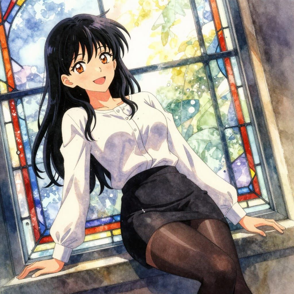 Woman by Stained Glass in Watercolor Anime Style